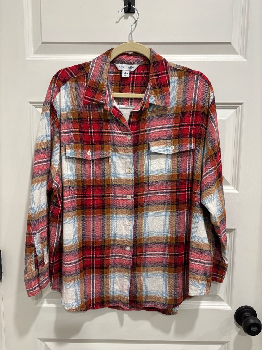 Old Navy Red and Olive Plaid Boyfriend Shirt